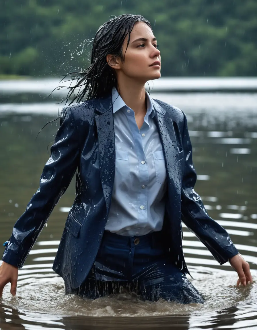 photo of young woman, in soaking wet, drenched clothes,
Dark Blue Business Trouser, Dark Blue Business Suit Jacket with Light Blue button down long sleeve business Shirt, Clear Mountain Lake with heavy rain, 
enjoying, wet clothes stuck to body,
detailed textures of the wet clothes, wet face, wet plastered hair,
wet, drenched, professional, high-quality details, full body view.
sharp focus, ultra-high pixel detail, realistic, high-quality, full colors, incredibly detailed, 4k, 8k, 16k, hyper-realistic, RAW photo, masterpiece, ultra-detailed, professionally color graded, professional photograph, white Black haired woman, completely soaked, fully drenched, completely wet, wetlook, heavy rain, side parting, open hair, long hair, rain storm