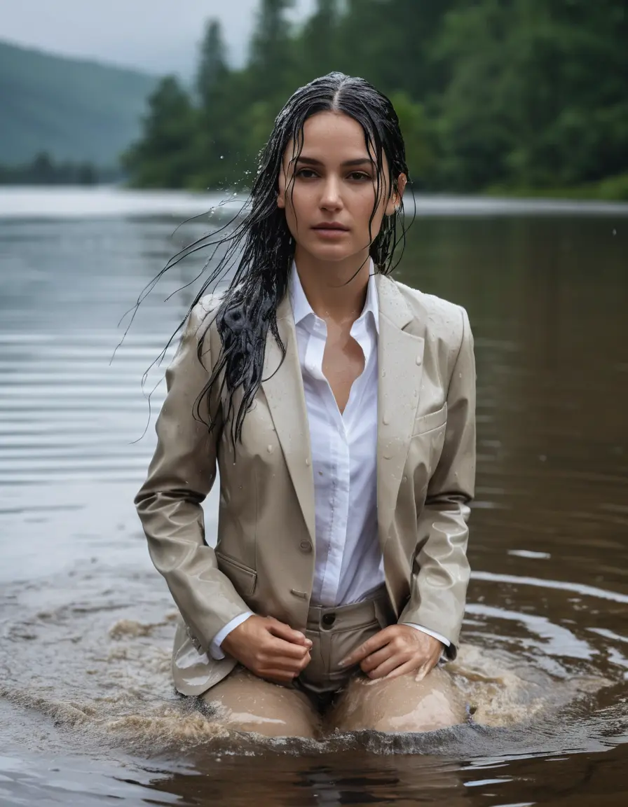 photo of young woman, in soaking wet, drenched clothes,
Beige Business Trouser, Beige Business Suit Jacket with White button down long sleeve business Shirt, Clear Mountain Lake with heavy rain, 
enjoying, wet clothes stuck to body,
detailed textures of the wet clothes, wet face, wet plastered hair,
wet, drenched, professional, high-quality details, full body view.
sharp focus, ultra-high pixel detail, realistic, high-quality, full colors, incredibly detailed, 4k, 8k, 16k, hyper-realistic, RAW photo, masterpiece, ultra-detailed, professionally color graded, professional photograph, white Black haired woman, completely soaked, fully drenched, completely wet, wetlook, heavy rain, side parting, open hair, long hair, rain storm