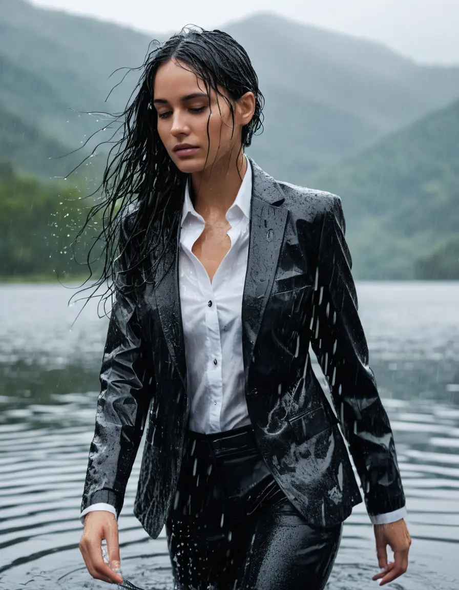 photo of young woman, in soaking wet, drenched clothes,
Black Business Trouser, Black Business Suit Jacket with White button down long sleeve business Shirt, Clear Mountain Lake with heavy rain, 
enjoying, wet clothes stuck to body,
detailed textures of the wet clothes, wet face, wet plastered hair,
wet, drenched, professional, high-quality details, full body view.
sharp focus, ultra-high pixel detail, realistic, high-quality, full colors, incredibly detailed, 4k, 8k, 16k, hyper-realistic, RAW photo, masterpiece, ultra-detailed, professionally color graded, professional photograph, white Black haired woman, completely soaked, fully drenched, completely wet, wetlook, heavy rain, side parting, open hair, long hair, rain storm