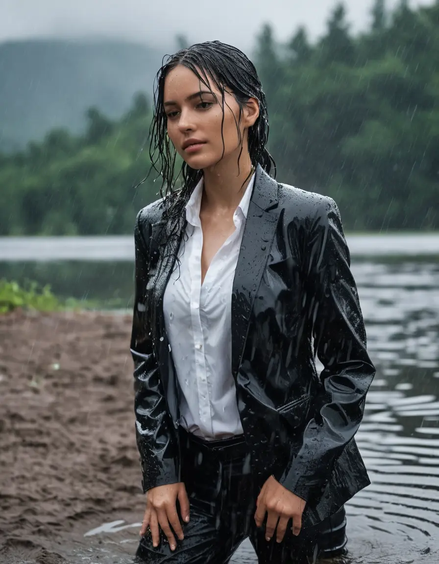 photo of young woman, in soaking wet, drenched clothes,
Black Business Trouser, Black Business Suit Jacket with White button down long sleeve business Shirt, Clear Mountain Lake with heavy rain, 
enjoying, wet clothes stuck to body,
detailed textures of the wet clothes, wet face, wet plastered hair,
wet, drenched, professional, high-quality details, full body view.
sharp focus, ultra-high pixel detail, realistic, high-quality, full colors, incredibly detailed, 4k, 8k, 16k, hyper-realistic, RAW photo, masterpiece, ultra-detailed, professionally color graded, professional photograph, white Black haired woman, completely soaked, fully drenched, completely wet, wetlook, heavy rain, side parting, open hair, long hair, rain storm