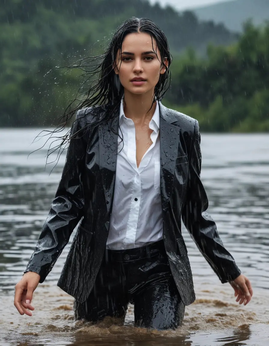 photo of young woman, in soaking wet, drenched clothes,
Black Business Trouser, Black Business Suit Jacket with White button down long sleeve business Shirt, Clear Mountain Lake with heavy rain, 
enjoying, wet clothes stuck to body,
detailed textures of the wet clothes, wet face, wet plastered hair,
wet, drenched, professional, high-quality details, full body view.
sharp focus, ultra-high pixel detail, realistic, high-quality, full colors, incredibly detailed, 4k, 8k, 16k, hyper-realistic, RAW photo, masterpiece, ultra-detailed, professionally color graded, professional photograph, white Black haired woman, completely soaked, fully drenched, completely wet, wetlook, heavy rain, side parting, open hair, long hair, rain storm