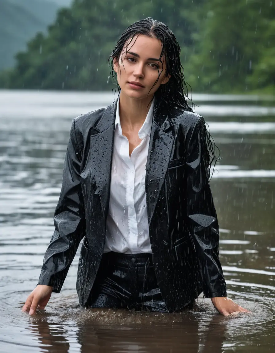 photo of young woman, in soaking wet, drenched clothes,
Black Business Trouser, Black Business Suit Jacket with White button down long sleeve business Shirt, Clear Mountain Lake with heavy rain, 
enjoying, wet clothes stuck to body,
detailed textures of the wet clothes, wet face, wet plastered hair,
wet, drenched, professional, high-quality details, full body view.
sharp focus, ultra-high pixel detail, realistic, high-quality, full colors, incredibly detailed, 4k, 8k, 16k, hyper-realistic, RAW photo, masterpiece, ultra-detailed, professionally color graded, professional photograph, white Black haired woman, completely soaked, fully drenched, completely wet, wetlook, heavy rain, side parting, open hair, long hair, rain storm