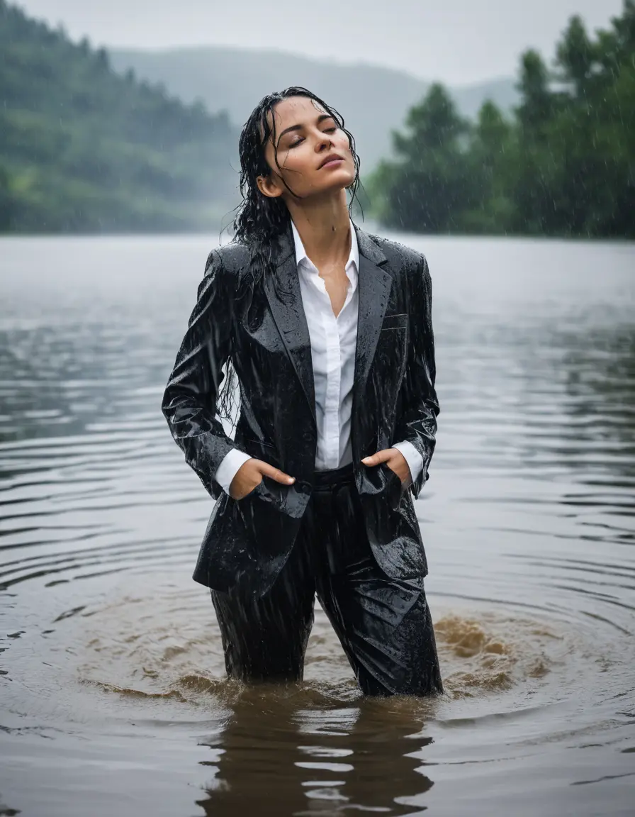 photo of young woman, in soaking wet, drenched clothes,
Black Business Trouser, Black Business Suit Jacket with White button down long sleeve business Shirt, Clear Mountain Lake with heavy rain, 
enjoying, wet clothes stuck to body,
detailed textures of the wet clothes, wet face, wet plastered hair,
wet, drenched, professional, high-quality details, full body view.
sharp focus, ultra-high pixel detail, realistic, high-quality, full colors, incredibly detailed, 4k, 8k, 16k, hyper-realistic, RAW photo, masterpiece, ultra-detailed, professionally color graded, professional photograph, white Black haired woman, completely soaked, fully drenched, completely wet, wetlook, heavy rain, side parting, open hair, long hair, rain storm