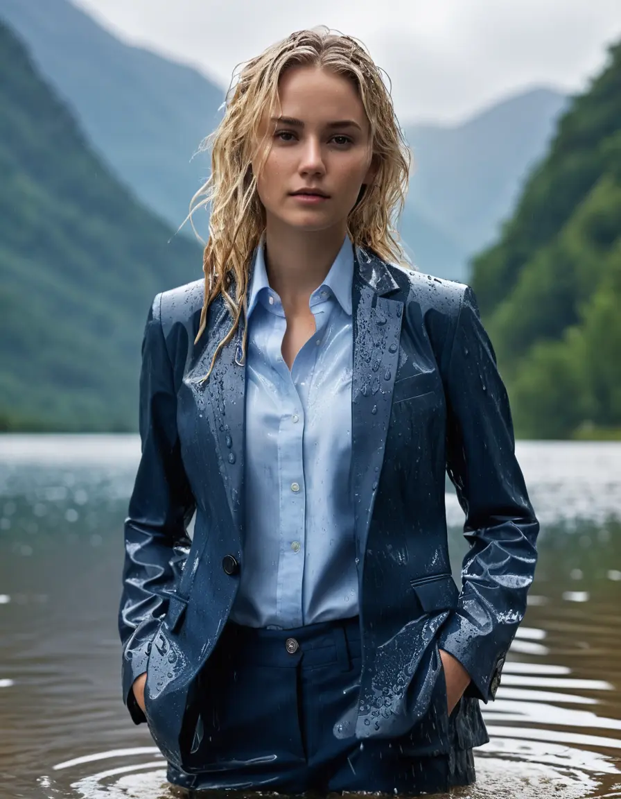 photo of young woman, in soaking wet, drenched clothes,
Dark Blue Business Trouser, Dark Blue Business Suit Jacket with Light Blue button down long sleeve business Shirt, Clear Mountain Lake with heavy rain, 
enjoying, wet clothes stuck to body,
detailed textures of the wet clothes, wet face, wet plastered hair,
wet, drenched, professional, high-quality details, full body view.
sharp focus, ultra-high pixel detail, realistic, high-quality, full colors, incredibly detailed, 4k, 8k, 16k, hyper-realistic, RAW photo, masterpiece, ultra-detailed, professionally color graded, professional photograph, white blonde haired woman age 20,completely soaked, fully drenched, completely wet, wetlook, heavy rain, side parting, open hair, long hair, rain storm