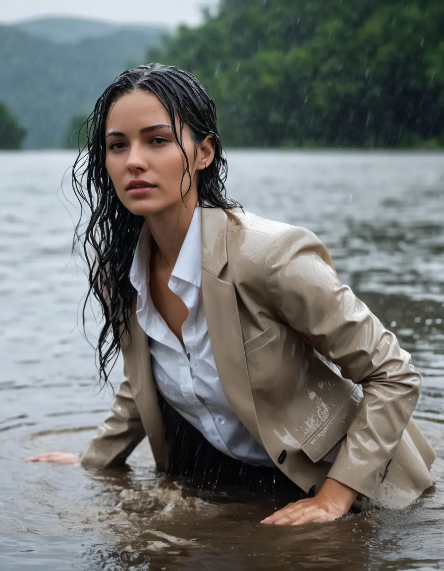 photo of young woman, in soaking wet, drenched clothes,
Beige Business Trouser, Beige Business Suit Jacket with White button down long sleeve business Shirt, Clear Mountain Lake with heavy rain, 
enjoying, wet clothes stuck to body,
detailed textures of the wet clothes, wet face, wet plastered hair,
wet, drenched, professional, high-quality details, full body view.
sharp focus, ultra-high pixel detail, realistic, high-quality, full colors, incredibly detailed, 4k, 8k, 16k, hyper-realistic, RAW photo, masterpiece, ultra-detailed, professionally color graded, professional photograph, white Black haired woman, completely soaked, fully drenched, completely wet, wetlook, heavy rain, side parting, open hair, long hair, rain storm