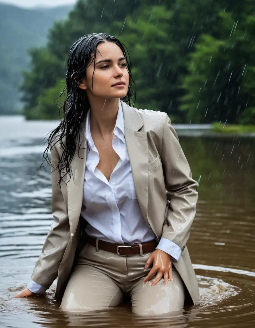 photo of young woman, in soaking wet, drenched clothes,
Beige Business Trouser, Beige Business Suit Jacket with White button down long sleeve business Shirt, Clear Mountain Lake with heavy rain, 
enjoying, wet clothes stuck to body,
detailed textures of the wet clothes, wet face, wet plastered hair,
wet, drenched, professional, high-quality details, full body view.
sharp focus, ultra-high pixel detail, realistic, high-quality, full colors, incredibly detailed, 4k, 8k, 16k, hyper-realistic, RAW photo, masterpiece, ultra-detailed, professionally color graded, professional photograph, white Black haired woman, completely soaked, fully drenched, completely wet, wetlook, heavy rain, side parting, open hair, long hair, rain storm