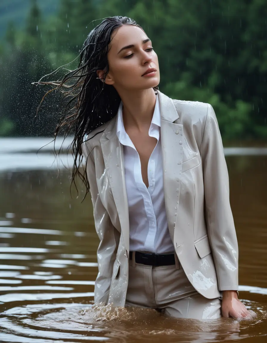 photo of young woman, in soaking wet, drenched clothes,
Beige Business Trouser, Beige Business Suit Jacket with White button down long sleeve business Shirt, Clear Mountain Lake with heavy rain, 
enjoying, wet clothes stuck to body,
detailed textures of the wet clothes, wet face, wet plastered hair,
wet, drenched, professional, high-quality details, full body view.
sharp focus, ultra-high pixel detail, realistic, high-quality, full colors, incredibly detailed, 4k, 8k, 16k, hyper-realistic, RAW photo, masterpiece, ultra-detailed, professionally color graded, professional photograph, white Black haired woman, completely soaked, fully drenched, completely wet, wetlook, heavy rain, side parting, open hair, long hair, rain storm