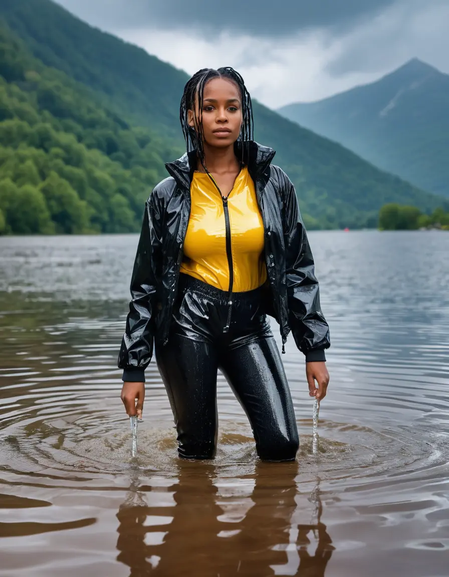 photo of young woman, in soaking wet, drenched clothes,
high heels, leather leggings, yellow transparent t-shirt, black wet shiny pvc puffer jacket, Clear deep Mountain Lake, heavy rain, 
enjoying, wet clothes stuck to body,
detailed textures of the wet clothes, wet face, wet plastered hair,
wet, drenched, professional, high-quality details, full body view.
sharp focus, ultra-high pixel detail, realistic, high-quality, full colors, incredibly detailed, 4k, 8k, 16k, hyper-realistic, RAW photo, masterpiece, ultra-detailed, professionally color graded, professional photograph, 65 years old bigboobs black girl