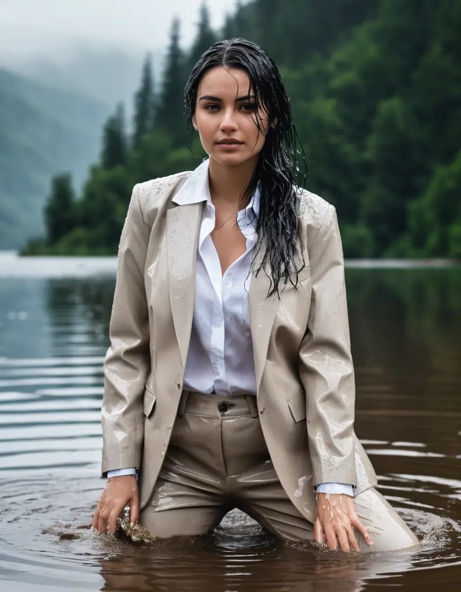 photo of young woman, in soaking wet, drenched clothes,
Beige Business Trouser, Beige Business Suit Jacket with White button down long sleeve business Shirt, Clear Mountain Lake with heavy rain, 
enjoying, wet clothes stuck to body,
detailed textures of the wet clothes, wet face, wet plastered hair,
wet, drenched, professional, high-quality details, full body view.
sharp focus, ultra-high pixel detail, realistic, high-quality, full colors, incredibly detailed, 4k, 8k, 16k, hyper-realistic, RAW photo, masterpiece, ultra-detailed, professionally color graded, professional photograph, white Black haired woman, completely soaked, fully drenched, completely wet, wetlook, heavy rain, side parting, open hair, long hair, rain storm