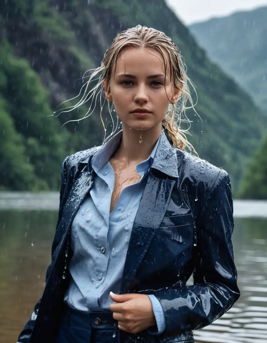 photo of young woman, in soaking wet, drenched clothes,
Dark Blue Business Trouser, Dark Blue Business Suit Jacket with Light Blue button down long sleeve business Shirt, Clear Mountain Lake with heavy rain, 
enjoying, wet clothes stuck to body,
detailed textures of the wet clothes, wet face, wet plastered hair,
wet, drenched, professional, high-quality details, full body view.
sharp focus, ultra-high pixel detail, realistic, high-quality, full colors, incredibly detailed, 4k, 8k, 16k, hyper-realistic, RAW photo, masterpiece, ultra-detailed, professionally color graded, professional photograph, white blonde haired woman age 20,completely soaked, fully drenched, completely wet, wetlook, heavy rain, side parting, open hair, long hair, rain storm