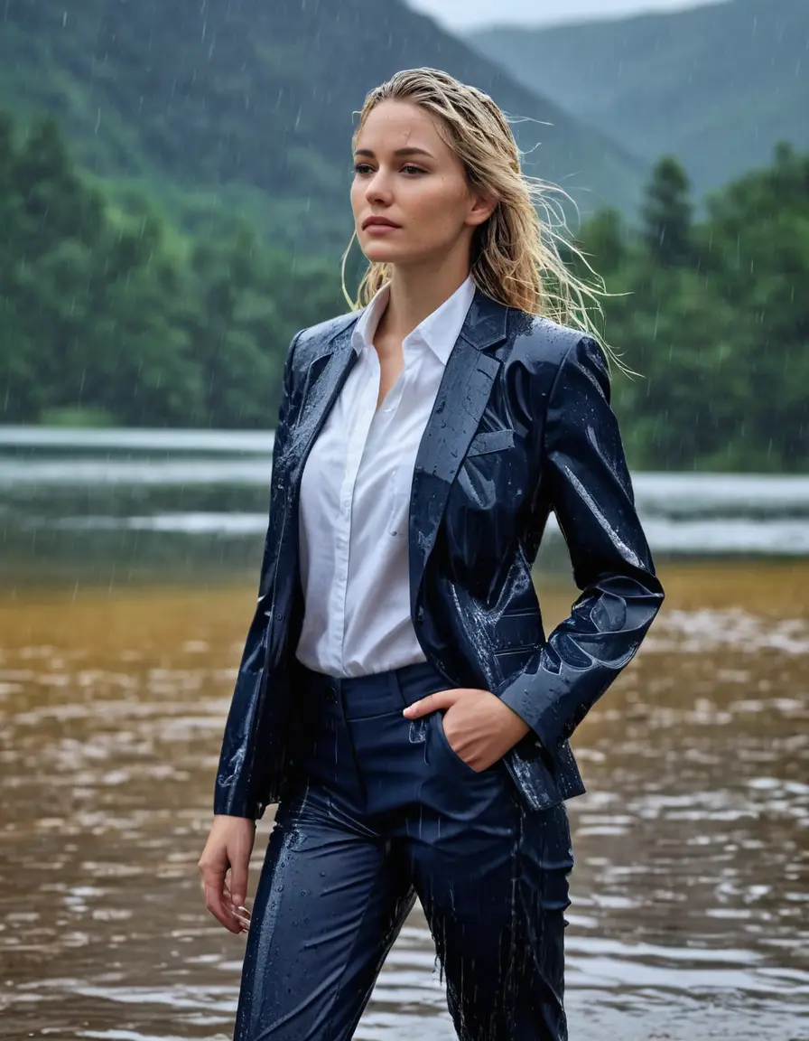 photo of young woman, in soaking wet, drenched clothes,
Dark Blue Business Trouser, Dark Blue Business Suit Jacket with Black button down long sleeve business Shirt, Clear Mountain Lake with heavy rain, 
enjoying, wet clothes stuck to body,
detailed textures of the wet clothes, wet face, wet plastered hair,
wet, drenched, professional, high-quality details, full body view.
sharp focus, ultra-high pixel detail, realistic, high-quality, full colors, incredibly detailed, 4k, 8k, 16k, hyper-realistic, RAW photo, masterpiece, ultra-detailed, professionally color graded, professional photograph, white blonde haired woman age 40,completely soaked, fully drenched, completely wet, wetlook, heavy rain, side parting, open hair, long hair, rain storm