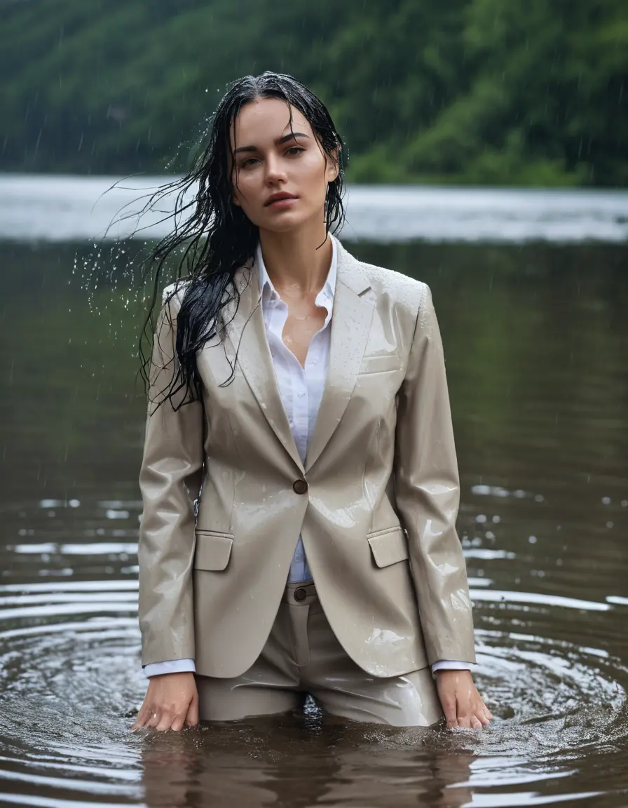 photo of young woman, in soaking wet, drenched clothes,
Beige Business Trouser, Beige Business Suit Jacket with White button down long sleeve business Shirt, Clear Mountain Lake with heavy rain, 
enjoying, wet clothes stuck to body,
detailed textures of the wet clothes, wet face, wet plastered hair,
wet, drenched, professional, high-quality details, full body view.
sharp focus, ultra-high pixel detail, realistic, high-quality, full colors, incredibly detailed, 4k, 8k, 16k, hyper-realistic, RAW photo, masterpiece, ultra-detailed, professionally color graded, professional photograph, young white Black haired woman, completely soaked, fully drenched, completely wet, wetlook, heavy rain, side parting, open hair, long hair, rain storm