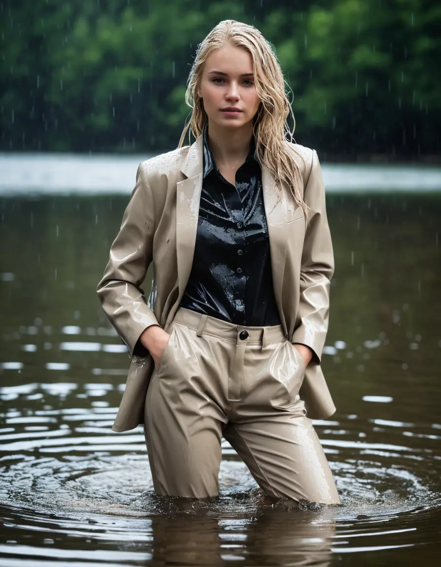 photo of young woman, in soaking wet, drenched clothes,
Beige Business Trouser, Beige Business Suit Jacket with Black button down long sleeve business Shirt, Clear Mountain Lake with heavy rain, 
enjoying, wet clothes stuck to body,
detailed textures of the wet clothes, wet face, wet plastered hair,
wet, drenched, professional, high-quality details, full body view.
sharp focus, ultra-high pixel detail, realistic, high-quality, full colors, incredibly detailed, 4k, 8k, 16k, hyper-realistic, RAW photo, masterpiece, ultra-detailed, professionally color graded, professional photograph, white blonde haired woman age 20,completely soaked, fully drenched, completely wet, wetlook, heavy rain, side parting, open hair, long hair, rain storm
