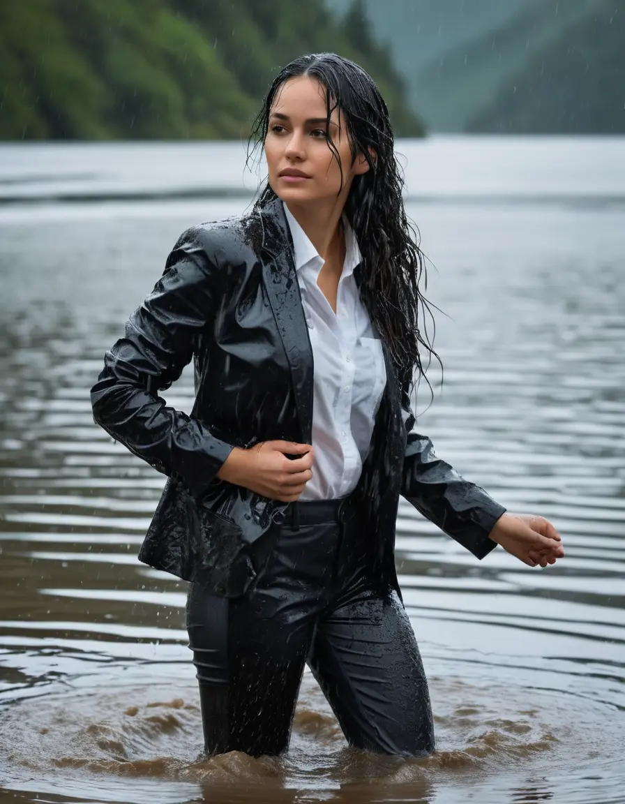 photo of young woman, in soaking wet, drenched clothes,
Black Business Trouser, Black Business Suit Jacket with White button down long sleeve business Shirt, Clear Mountain Lake with heavy rain, 
enjoying, wet clothes stuck to body,
detailed textures of the wet clothes, wet face, wet plastered hair,
wet, drenched, professional, high-quality details, full body view.
sharp focus, ultra-high pixel detail, realistic, high-quality, full colors, incredibly detailed, 4k, 8k, 16k, hyper-realistic, RAW photo, masterpiece, ultra-detailed, professionally color graded, professional photograph, white Black haired woman, completely soaked, fully drenched, completely wet, wetlook, heavy rain, side parting, open hair, long hair, rain storm
