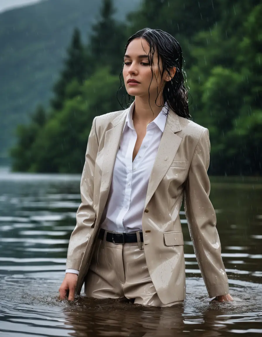photo of young woman, in soaking wet, drenched clothes,
Beige Business Trouser, Beige Business Suit Jacket with White button down long sleeve business Shirt, Clear Mountain Lake with heavy rain, 
enjoying, wet clothes stuck to body,
detailed textures of the wet clothes, wet face, wet plastered hair,
wet, drenched, professional, high-quality details, full body view.
sharp focus, ultra-high pixel detail, realistic, high-quality, full colors, incredibly detailed, 4k, 8k, 16k, hyper-realistic, RAW photo, masterpiece, ultra-detailed, professionally color graded, professional photograph, white Black haired woman, completely soaked, fully drenched, completely wet, wetlook, heavy rain, side parting, open hair, long hair, rain storm