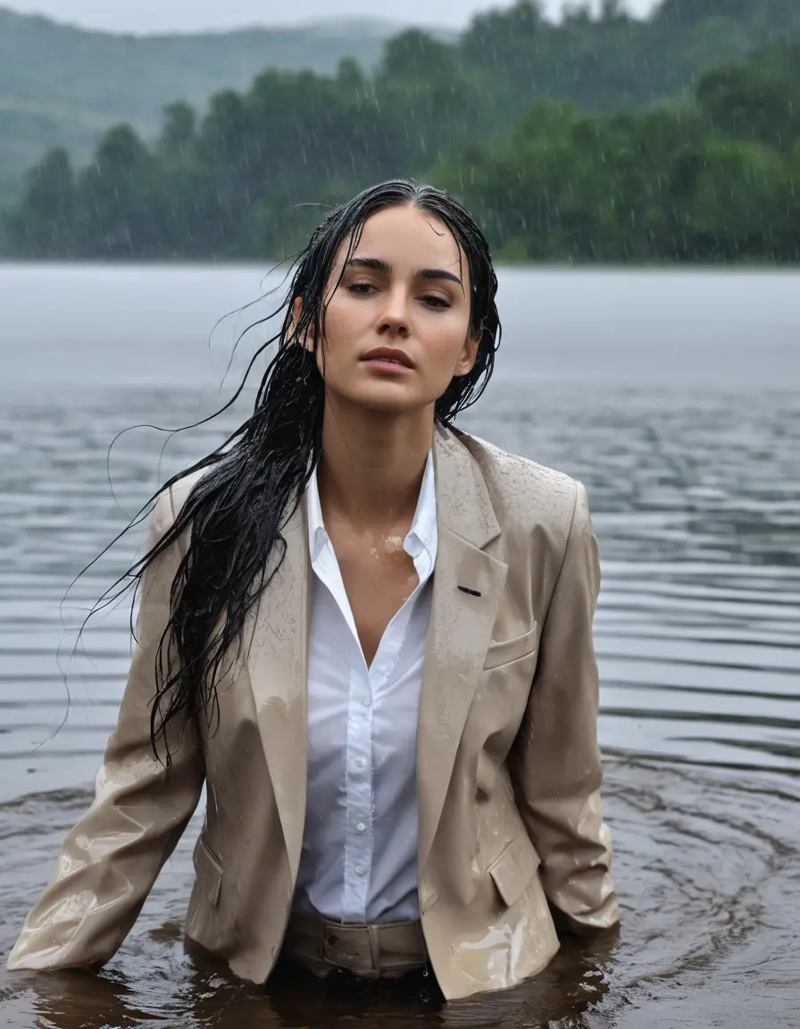 photo of young woman, in soaking wet, drenched clothes,
Beige Business Trouser, Beige Business Suit Jacket with White button down long sleeve business Shirt, Clear Mountain Lake with heavy rain, 
enjoying, wet clothes stuck to body,
detailed textures of the wet clothes, wet face, wet plastered hair,
wet, drenched, professional, high-quality details, full body view.
sharp focus, ultra-high pixel detail, realistic, high-quality, full colors, incredibly detailed, 4k, 8k, 16k, hyper-realistic, RAW photo, masterpiece, ultra-detailed, professionally color graded, professional photograph, white Black haired woman, completely soaked, fully drenched, completely wet, wetlook, heavy rain, side parting, open hair, long hair, rain storm