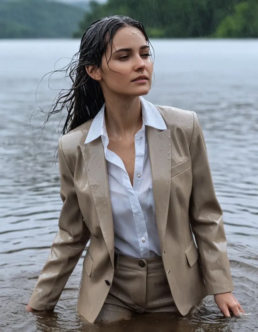 photo of young woman, in soaking wet, drenched clothes,
Beige Business Trouser, Beige Business Suit Jacket with White button down long sleeve business Shirt, Clear Mountain Lake with heavy rain, 
enjoying, wet clothes stuck to body,
detailed textures of the wet clothes, wet face, wet plastered hair,
wet, drenched, professional, high-quality details, full body view.
sharp focus, ultra-high pixel detail, realistic, high-quality, full colors, incredibly detailed, 4k, 8k, 16k, hyper-realistic, RAW photo, masterpiece, ultra-detailed, professionally color graded, professional photograph, white Black haired woman, completely soaked, fully drenched, completely wet, wetlook, heavy rain, side parting, open hair, long hair, rain storm