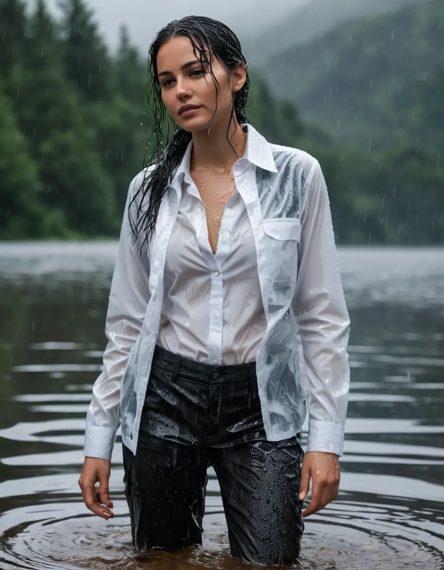 photo of young woman, in soaking wet, drenched clothes,
Black Business Trouser, Black Business Suit Jacket with White button down long sleeve business Shirt, Clear Mountain Lake with heavy rain, 
enjoying, wet clothes stuck to body,
detailed textures of the wet clothes, wet face, wet plastered hair,
wet, drenched, professional, high-quality details, full body view.
sharp focus, ultra-high pixel detail, realistic, high-quality, full colors, incredibly detailed, 4k, 8k, 16k, hyper-realistic, RAW photo, masterpiece, ultra-detailed, professionally color graded, professional photograph, white Black haired woman, completely soaked, fully drenched, completely wet, wetlook, heavy rain, side parting, open hair, long hair, rain storm
