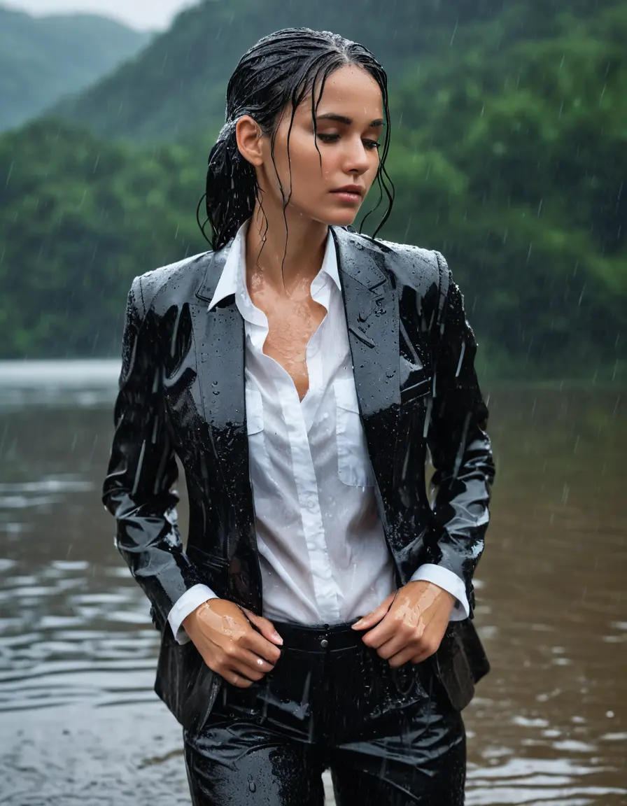 photo of young woman, in soaking wet, drenched clothes,
Black Business Trouser, Black Business Suit Jacket with White button down long sleeve business Shirt, Clear Mountain Lake with heavy rain, 
enjoying, wet clothes stuck to body,
detailed textures of the wet clothes, wet face, wet plastered hair,
wet, drenched, professional, high-quality details, full body view.
sharp focus, ultra-high pixel detail, realistic, high-quality, full colors, incredibly detailed, 4k, 8k, 16k, hyper-realistic, RAW photo, masterpiece, ultra-detailed, professionally color graded, professional photograph, white Black haired woman, completely soaked, fully drenched, completely wet, wetlook, heavy rain, side parting, open hair, long hair, rain storm