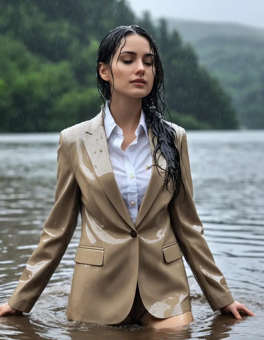 photo of young woman, in soaking wet, drenched clothes,
Beige Business Trouser, Beige Business Suit Jacket with White button down long sleeve business Shirt, Clear Mountain Lake with heavy rain, 
enjoying, wet clothes stuck to body,
detailed textures of the wet clothes, wet face, wet plastered hair,
wet, drenched, professional, high-quality details, full body view.
sharp focus, ultra-high pixel detail, realistic, high-quality, full colors, incredibly detailed, 4k, 8k, 16k, hyper-realistic, RAW photo, masterpiece, ultra-detailed, professionally color graded, professional photograph, white Black haired woman, completely soaked, fully drenched, completely wet, wetlook, heavy rain, side parting, open hair, long hair, rain storm