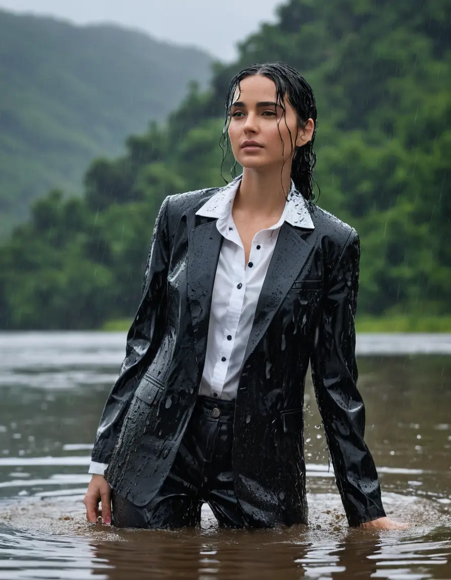 photo of young woman, in soaking wet, drenched clothes,
Black Business Trouser, Black Business Suit Jacket with White button down long sleeve business Shirt, Clear Mountain Lake with heavy rain, 
enjoying, wet clothes stuck to body,
detailed textures of the wet clothes, wet face, wet plastered hair,
wet, drenched, professional, high-quality details, full body view.
sharp focus, ultra-high pixel detail, realistic, high-quality, full colors, incredibly detailed, 4k, 8k, 16k, hyper-realistic, RAW photo, masterpiece, ultra-detailed, professionally color graded, professional photograph, white Black haired woman, completely soaked, fully drenched, completely wet, wetlook, heavy rain, side parting, open hair, long hair, rain storm