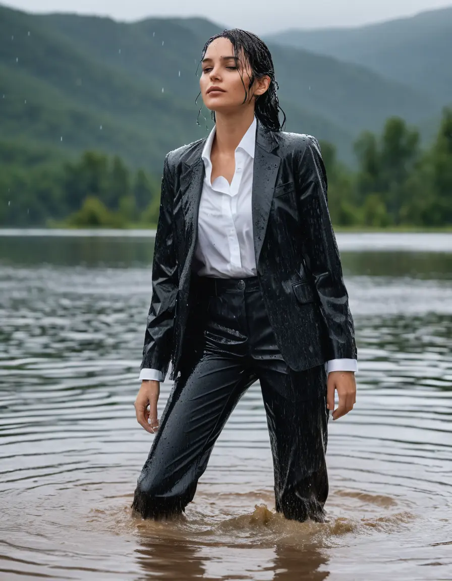 photo of young woman, in soaking wet, drenched clothes,
Black Business Trouser, Black Business Suit Jacket with White button down long sleeve business Shirt, Clear Mountain Lake with heavy rain, 
enjoying, wet clothes stuck to body,
detailed textures of the wet clothes, wet face, wet plastered hair,
wet, drenched, professional, high-quality details, full body view.
sharp focus, ultra-high pixel detail, realistic, high-quality, full colors, incredibly detailed, 4k, 8k, 16k, hyper-realistic, RAW photo, masterpiece, ultra-detailed, professionally color graded, professional photograph, white Black haired woman, completely soaked, fully drenched, completely wet, wetlook, heavy rain, side parting, open hair, long hair, rain storm