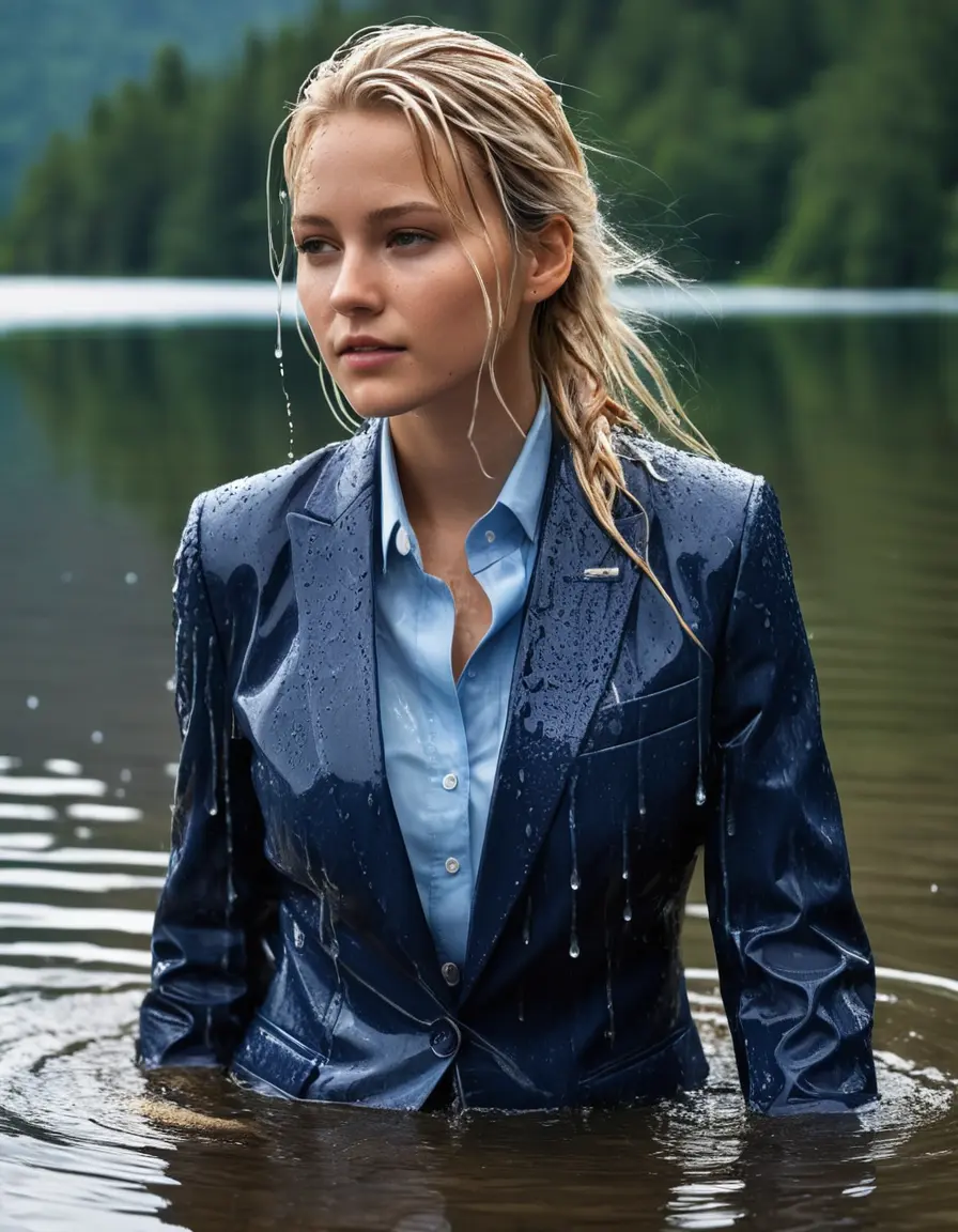 photo of young woman, in soaking wet, drenched clothes,
Dark Blue Business Trouser, Dark Blue Business Suit Jacket with Light Blue button down long sleeve business Shirt, Clear Mountain Lake with heavy rain, 
enjoying, wet clothes stuck to body,
detailed textures of the wet clothes, wet face, wet plastered hair,
wet, drenched, professional, high-quality details, full body view.
sharp focus, ultra-high pixel detail, realistic, high-quality, full colors, incredibly detailed, 4k, 8k, 16k, hyper-realistic, RAW photo, masterpiece, ultra-detailed, professionally color graded, professional photograph, white blonde haired woman age 20,completely soaked, fully drenched, completely wet, wetlook, heavy rain, side parting, open hair, long hair, rain storm