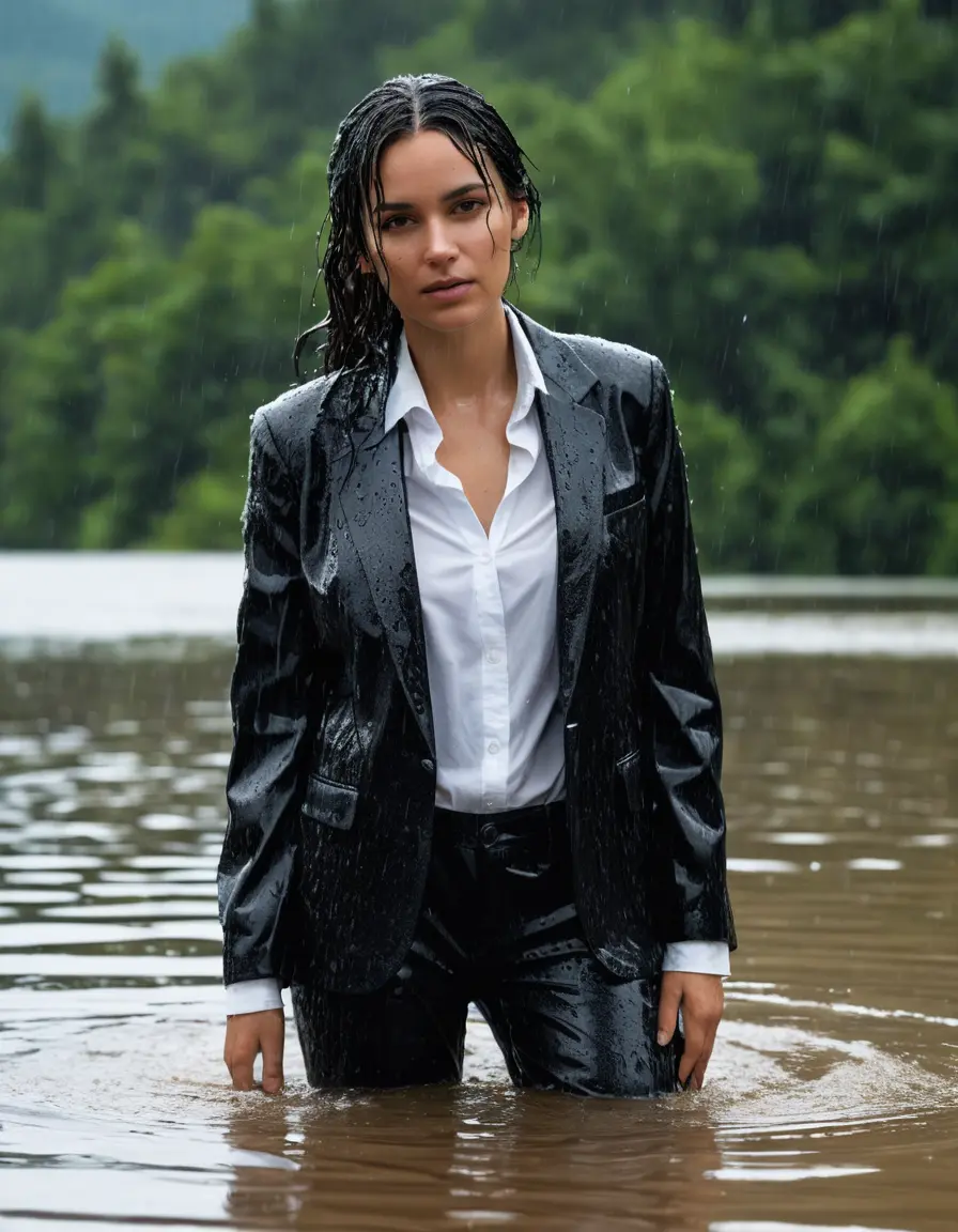 photo of young woman, in soaking wet, drenched clothes,
Black Business Trouser, Black Business Suit Jacket with White button down long sleeve business Shirt, Clear Mountain Lake with heavy rain, 
enjoying, wet clothes stuck to body,
detailed textures of the wet clothes, wet face, wet plastered hair,
wet, drenched, professional, high-quality details, full body view.
sharp focus, ultra-high pixel detail, realistic, high-quality, full colors, incredibly detailed, 4k, 8k, 16k, hyper-realistic, RAW photo, masterpiece, ultra-detailed, professionally color graded, professional photograph, white Black haired woman, completely soaked, fully drenched, completely wet, wetlook, heavy rain, side parting, open hair, long hair, rain storm