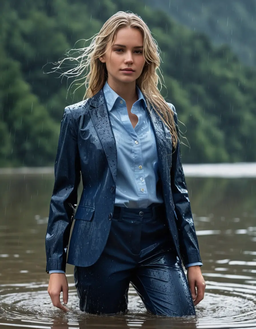 photo of young woman, in soaking wet, drenched clothes,
Dark Blue Business Trouser, Dark Blue Business Suit Jacket with Light Blue button down long sleeve business Shirt, Clear Mountain Lake with heavy rain, 
enjoying, wet clothes stuck to body,
detailed textures of the wet clothes, wet face, wet plastered hair,
wet, drenched, professional, high-quality details, full body view.
sharp focus, ultra-high pixel detail, realistic, high-quality, full colors, incredibly detailed, 4k, 8k, 16k, hyper-realistic, RAW photo, masterpiece, ultra-detailed, professionally color graded, professional photograph, white blonde haired woman age 20,completely soaked, fully drenched, completely wet, wetlook, heavy rain, side parting, open hair, long hair, rain storm