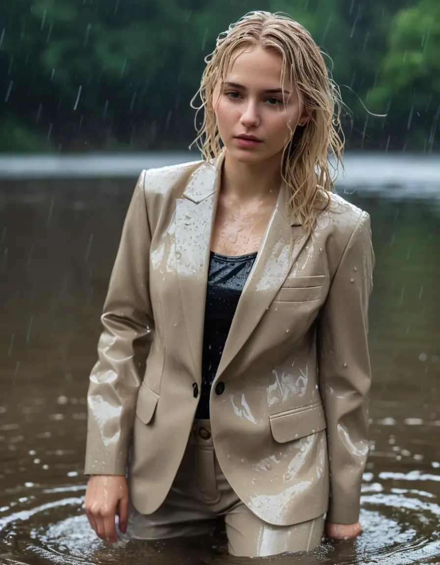 photo of young woman, in soaking wet, drenched clothes,
Beige Business Trouser, Beige Business Suit Jacket with Black button down long sleeve business Shirt, Clear Mountain Lake with heavy rain, 
enjoying, wet clothes stuck to body,
detailed textures of the wet clothes, wet face, wet plastered hair,
wet, drenched, professional, high-quality details, full body view.
sharp focus, ultra-high pixel detail, realistic, high-quality, full colors, incredibly detailed, 4k, 8k, 16k, hyper-realistic, RAW photo, masterpiece, ultra-detailed, professionally color graded, professional photograph, white blonde haired woman age 20,completely soaked, fully drenched, completely wet, wetlook, heavy rain, side parting, open hair, long hair, rain storm