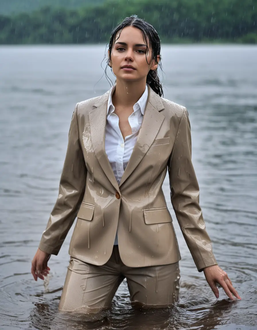 photo of young woman, in soaking wet, drenched clothes,
Beige Business Trouser, Beige Business Suit Jacket with White button down long sleeve business Shirt, Clear Mountain Lake with heavy rain, 
enjoying, wet clothes stuck to body,
detailed textures of the wet clothes, wet face, wet plastered hair,
wet, drenched, professional, high-quality details, full body view.
sharp focus, ultra-high pixel detail, realistic, high-quality, full colors, incredibly detailed, 4k, 8k, 16k, hyper-realistic, RAW photo, masterpiece, ultra-detailed, professionally color graded, professional photograph, white Black haired woman, completely soaked, fully drenched, completely wet, wetlook, heavy rain, side parting, open hair, long hair, rain storm