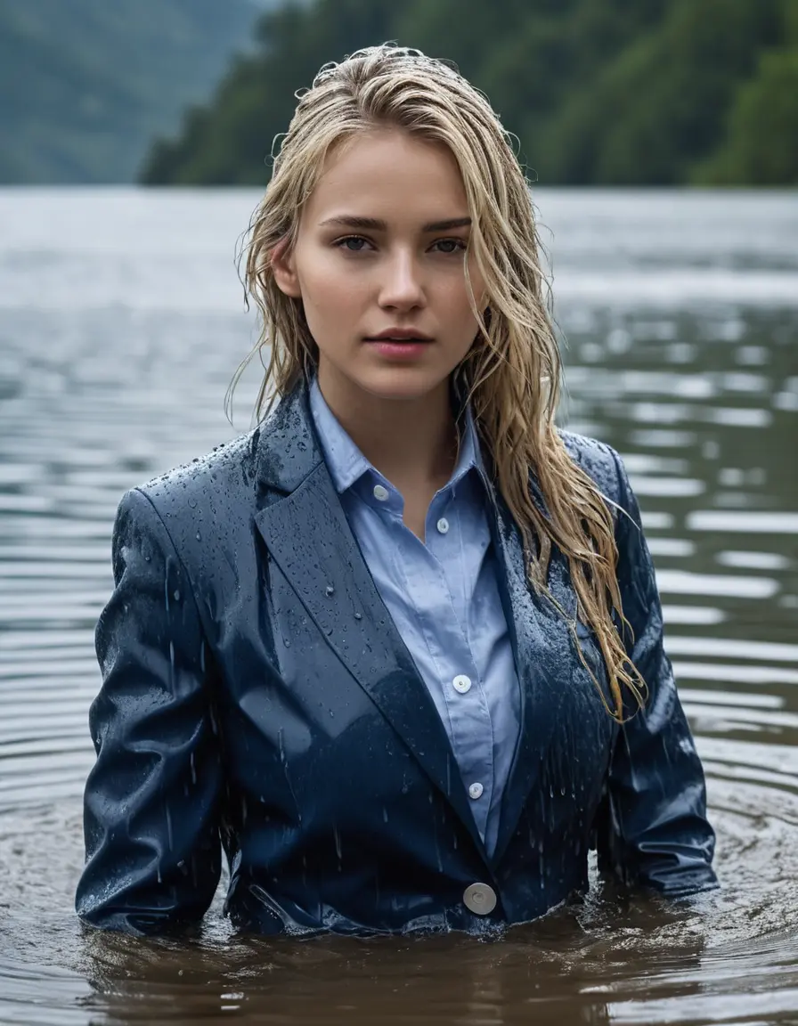 photo of young woman, in soaking wet, drenched clothes,
Dark Blue Business Trouser, Dark Blue Business Suit Jacket with Light Blue button down long sleeve business Shirt, Clear Mountain Lake with heavy rain, 
enjoying, wet clothes stuck to body,
detailed textures of the wet clothes, wet face, wet plastered hair,
wet, drenched, professional, high-quality details, full body view.
sharp focus, ultra-high pixel detail, realistic, high-quality, full colors, incredibly detailed, 4k, 8k, 16k, hyper-realistic, RAW photo, masterpiece, ultra-detailed, professionally color graded, professional photograph, white blonde haired woman age 20,completely soaked, fully drenched, completely wet, wetlook, heavy rain, side parting, open hair, long hair, rain storm