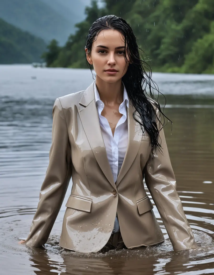 photo of young woman, in soaking wet, drenched clothes,
Beige Business Trouser, Beige Business Suit Jacket with White button down long sleeve business Shirt, Clear Mountain Lake with heavy rain, 
enjoying, wet clothes stuck to body,
detailed textures of the wet clothes, wet face, wet plastered hair,
wet, drenched, professional, high-quality details, full body view.
sharp focus, ultra-high pixel detail, realistic, high-quality, full colors, incredibly detailed, 4k, 8k, 16k, hyper-realistic, RAW photo, masterpiece, ultra-detailed, professionally color graded, professional photograph, white Black haired woman, completely soaked, fully drenched, completely wet, wetlook, heavy rain, side parting, open hair, long hair, rain storm