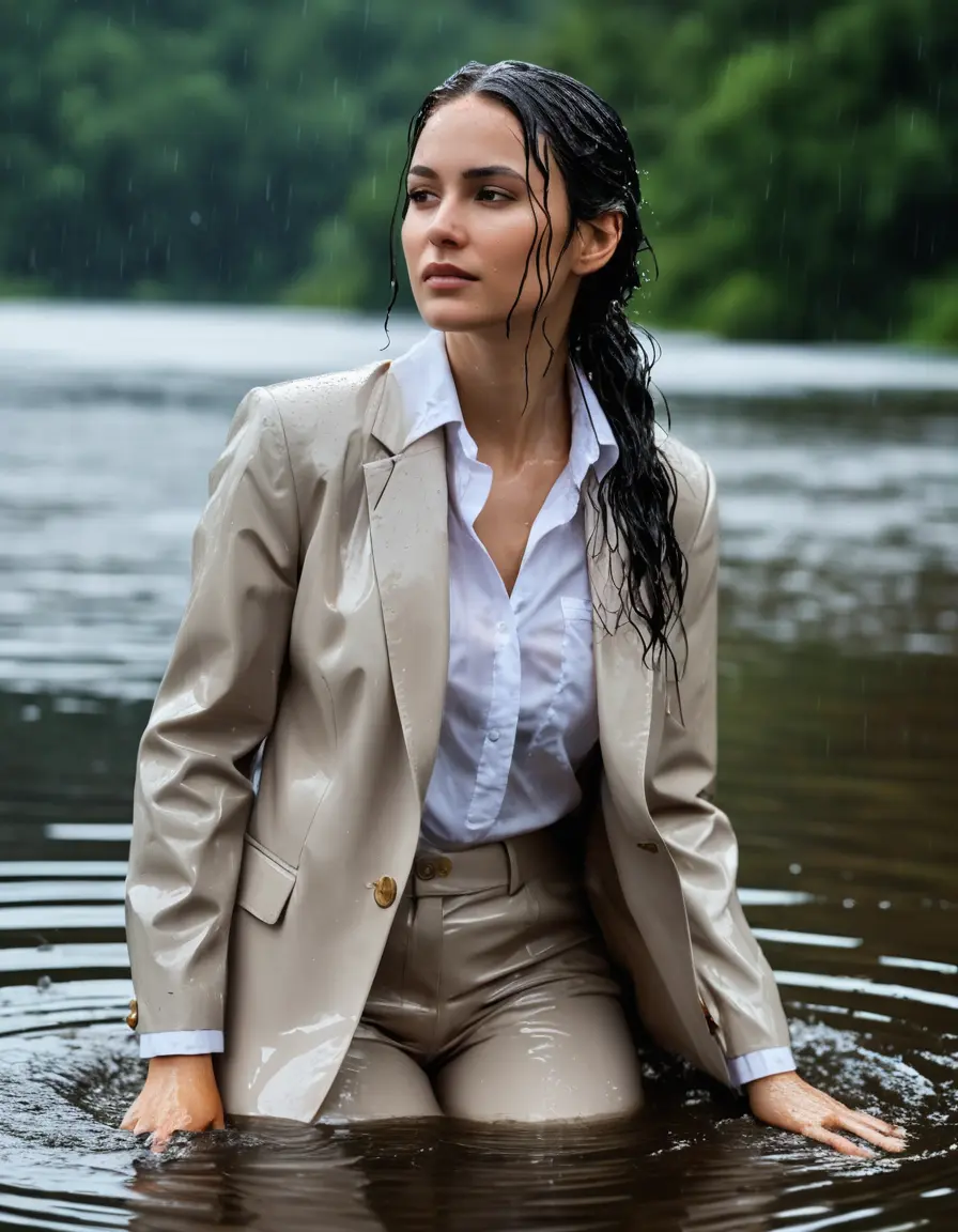 photo of young woman, in soaking wet, drenched clothes,
Beige Business Trouser, Beige Business Suit Jacket with White button down long sleeve business Shirt, Clear Mountain Lake with heavy rain, 
enjoying, wet clothes stuck to body,
detailed textures of the wet clothes, wet face, wet plastered hair,
wet, drenched, professional, high-quality details, full body view.
sharp focus, ultra-high pixel detail, realistic, high-quality, full colors, incredibly detailed, 4k, 8k, 16k, hyper-realistic, RAW photo, masterpiece, ultra-detailed, professionally color graded, professional photograph, white Black haired woman, completely soaked, fully drenched, completely wet, wetlook, heavy rain, side parting, open hair, long hair, rain storm