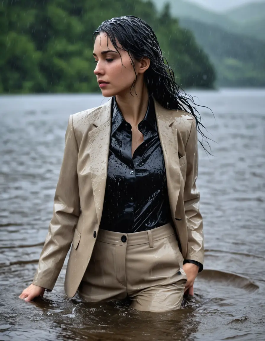 photo of young woman, in soaking wet, drenched clothes,
Beige Business Trouser, Beige Business Suit Jacket with black button down long sleeve business Shirt, Clear Mountain Lake with heavy rain, 
enjoying, wet clothes stuck to body,
detailed textures of the wet clothes, wet face, wet plastered hair,
wet, drenched, professional, high-quality details, full body view.
sharp focus, ultra-high pixel detail, realistic, high-quality, full colors, incredibly detailed, 4k, 8k, 16k, hyper-realistic, RAW photo, masterpiece, ultra-detailed, professionally color graded, professional photograph, young white Black haired woman, completely soaked, fully drenched, completely wet, wetlook, heavy rain, side parting, open hair, long hair, rain storm