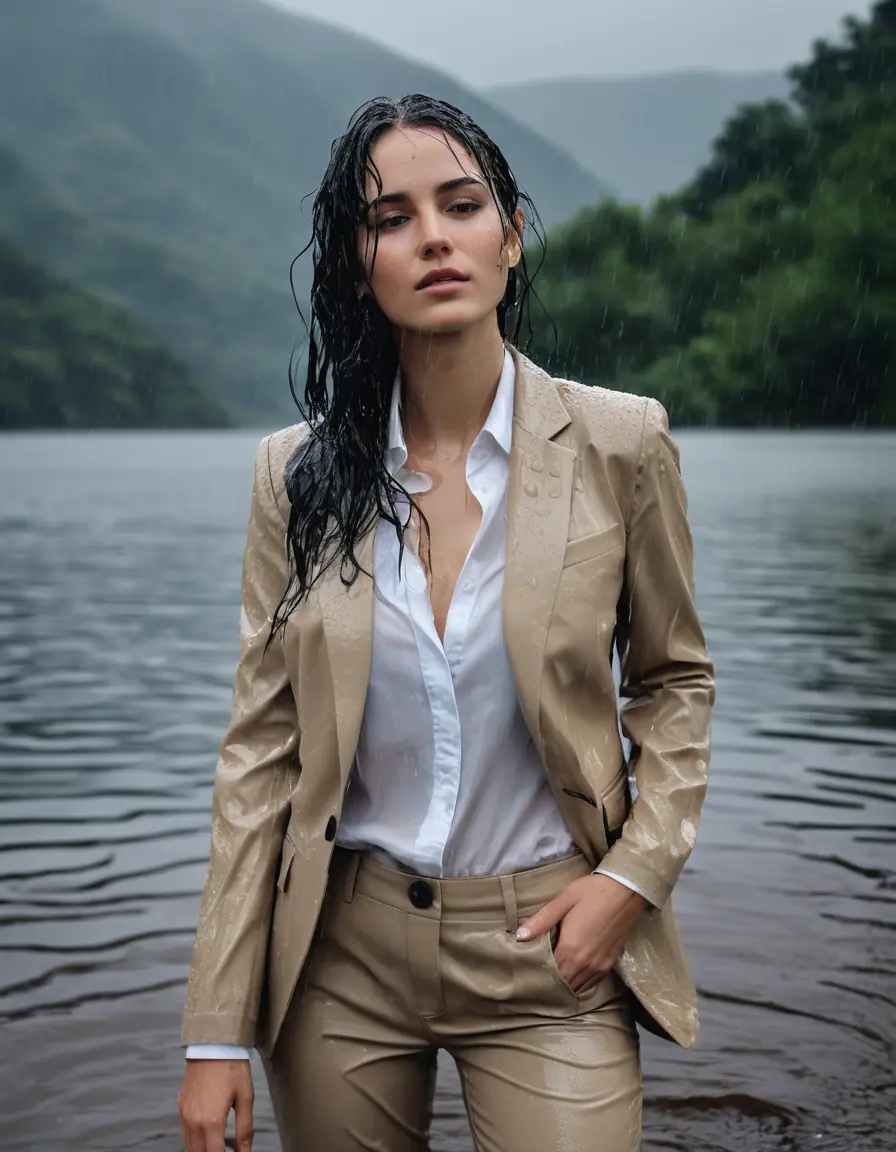 photo of young woman, in soaking wet, drenched clothes,
Beige Business Trouser, Beige Business Suit Jacket with black button down long sleeve business Shirt, Clear Mountain Lake with heavy rain, 
enjoying, wet clothes stuck to body,
detailed textures of the wet clothes, wet face, wet plastered hair,
wet, drenched, professional, high-quality details, full body view.
sharp focus, ultra-high pixel detail, realistic, high-quality, full colors, incredibly detailed, 4k, 8k, 16k, hyper-realistic, RAW photo, masterpiece, ultra-detailed, professionally color graded, professional photograph, young white Black haired woman, completely soaked, fully drenched, completely wet, wetlook, heavy rain, side parting, open hair, long hair, rain storm