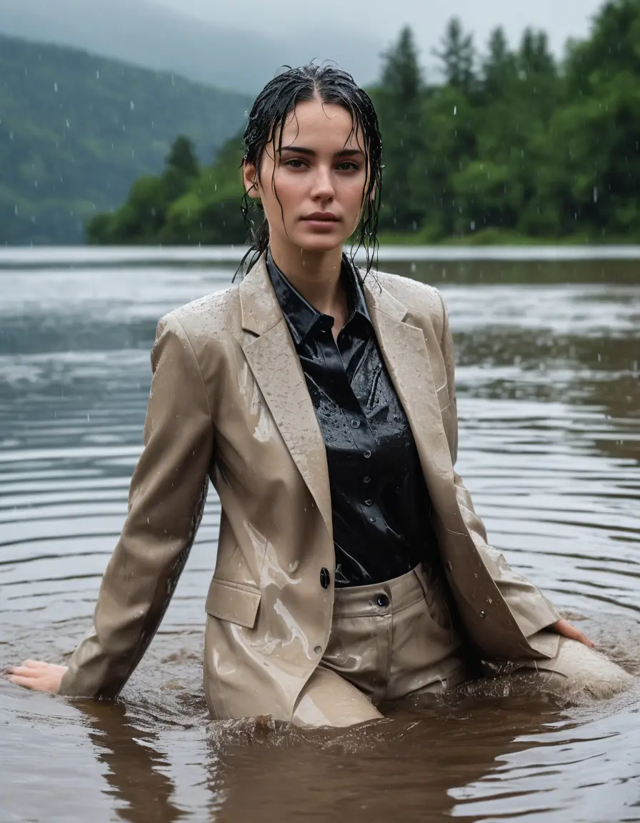 photo of young woman, in soaking wet, drenched clothes,
Beige Business Trouser, Beige Business Suit Jacket with black button down long sleeve business Shirt, Clear Mountain Lake with heavy rain, 
enjoying, wet clothes stuck to body,
detailed textures of the wet clothes, wet face, wet plastered hair,
wet, drenched, professional, high-quality details, full body view.
sharp focus, ultra-high pixel detail, realistic, high-quality, full colors, incredibly detailed, 4k, 8k, 16k, hyper-realistic, RAW photo, masterpiece, ultra-detailed, professionally color graded, professional photograph, young white Black haired woman, completely soaked, fully drenched, completely wet, wetlook, heavy rain, side parting, open hair, long hair, rain storm