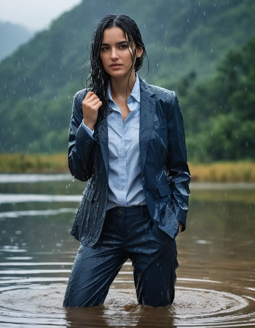 photo of young woman, in soaking wet, drenched clothes,
Dark Blue Business Trouser, Dark Blue Business Suit Jacket with light blue down long sleeve business Shirt, Clear Mountain Lake with heavy rain, 
enjoying, wet clothes stuck to body,
detailed textures of the wet clothes, wet face, wet plastered hair,
wet, drenched, professional, high-quality details, full body view.
sharp focus, ultra-high pixel detail, realistic, high-quality, full colors, incredibly detailed, 4k, 8k, 16k, hyper-realistic, RAW photo, masterpiece, ultra-detailed, professionally color graded, professional photograph, young white Black haired woman, completely soaked, fully drenched, completely wet, wetlook, heavy rain, side parting, open hair, long hair, rain storm