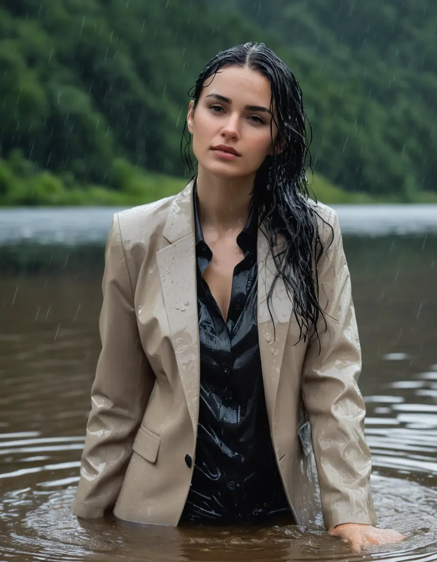 photo of young woman, in soaking wet, drenched clothes,
Beige Business Trouser, Beige Business Suit Jacket with black button down long sleeve business Shirt, Clear Mountain Lake with heavy rain, 
enjoying, wet clothes stuck to body,
detailed textures of the wet clothes, wet face, wet plastered hair,
wet, drenched, professional, high-quality details, full body view.
sharp focus, ultra-high pixel detail, realistic, high-quality, full colors, incredibly detailed, 4k, 8k, 16k, hyper-realistic, RAW photo, masterpiece, ultra-detailed, professionally color graded, professional photograph, young white Black haired woman, completely soaked, fully drenched, completely wet, wetlook, heavy rain, side parting, open hair, long hair, rain storm