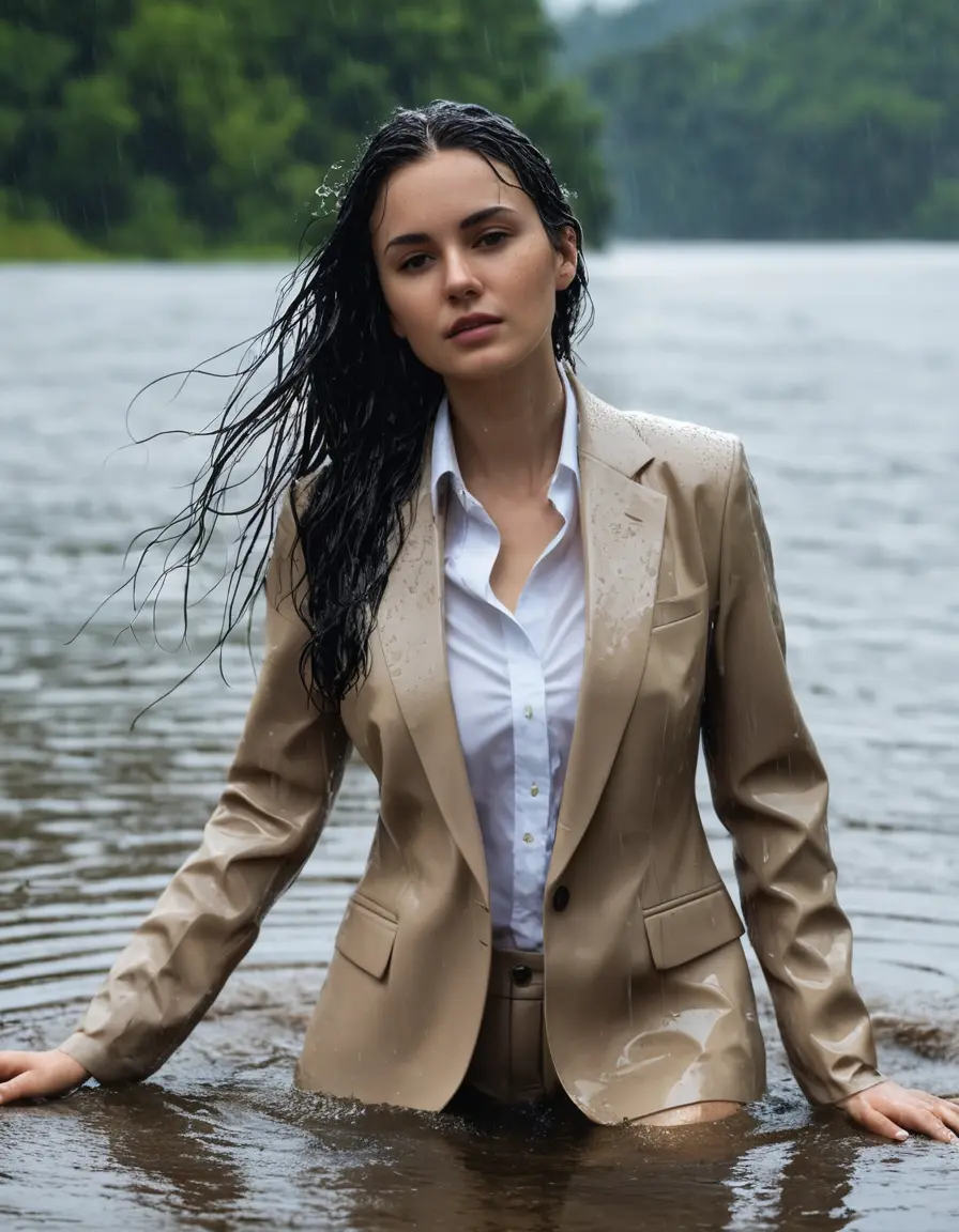 photo of young woman, in soaking wet, drenched clothes,
Beige Business Trouser, Beige Business Suit Jacket with White button down long sleeve business Shirt, Clear Mountain Lake with heavy rain, 
enjoying, wet clothes stuck to body,
detailed textures of the wet clothes, wet face, wet plastered hair,
wet, drenched, professional, high-quality details, full body view.
sharp focus, ultra-high pixel detail, realistic, high-quality, full colors, incredibly detailed, 4k, 8k, 16k, hyper-realistic, RAW photo, masterpiece, ultra-detailed, professionally color graded, professional photograph, young white Black haired woman, completely soaked, fully drenched, completely wet, wetlook, heavy rain, side parting, open hair, long hair, rain storm