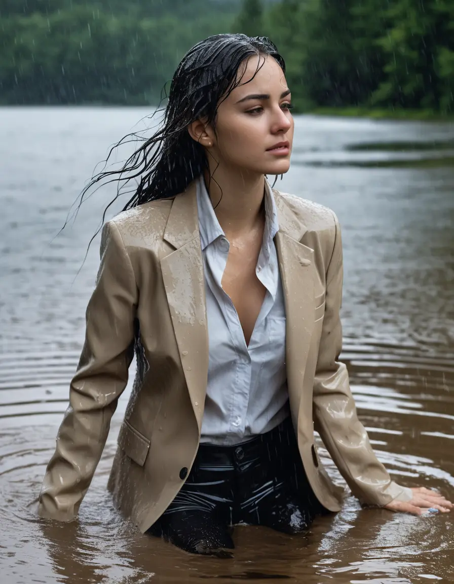 photo of young woman, in soaking wet, drenched clothes,
Beige Business Trouser, Beige Business Suit Jacket with black button down long sleeve business Shirt, Clear Mountain Lake with heavy rain, 
enjoying, wet clothes stuck to body,
detailed textures of the wet clothes, wet face, wet plastered hair,
wet, drenched, professional, high-quality details, full body view.
sharp focus, ultra-high pixel detail, realistic, high-quality, full colors, incredibly detailed, 4k, 8k, 16k, hyper-realistic, RAW photo, masterpiece, ultra-detailed, professionally color graded, professional photograph, young white Black haired woman, completely soaked, fully drenched, completely wet, wetlook, heavy rain, side parting, open hair, long hair, rain storm
