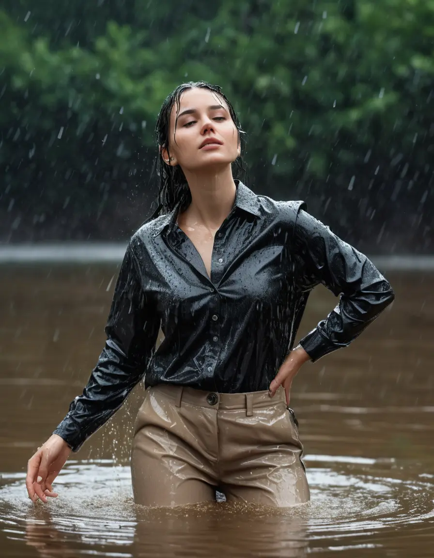 photo of young woman, in soaking wet, drenched clothes,
Beige Business Trouser, black button down long sleeve business Shirt, Clear Mountain Lake with heavy rain, 
enjoying, wet clothes stuck to body,
detailed textures of the wet clothes, wet face, wet plastered hair,
wet, drenched, professional, high-quality details, full body view.
sharp focus, ultra-high pixel detail, realistic, high-quality, full colors, incredibly detailed, 4k, 8k, 16k, hyper-realistic, RAW photo, masterpiece, ultra-detailed, professionally color graded, professional photograph, young white Black haired woman, completely soaked, fully drenched, completely wet, wetlook, heavy rain, side parting, open hair, long hair, rain storm