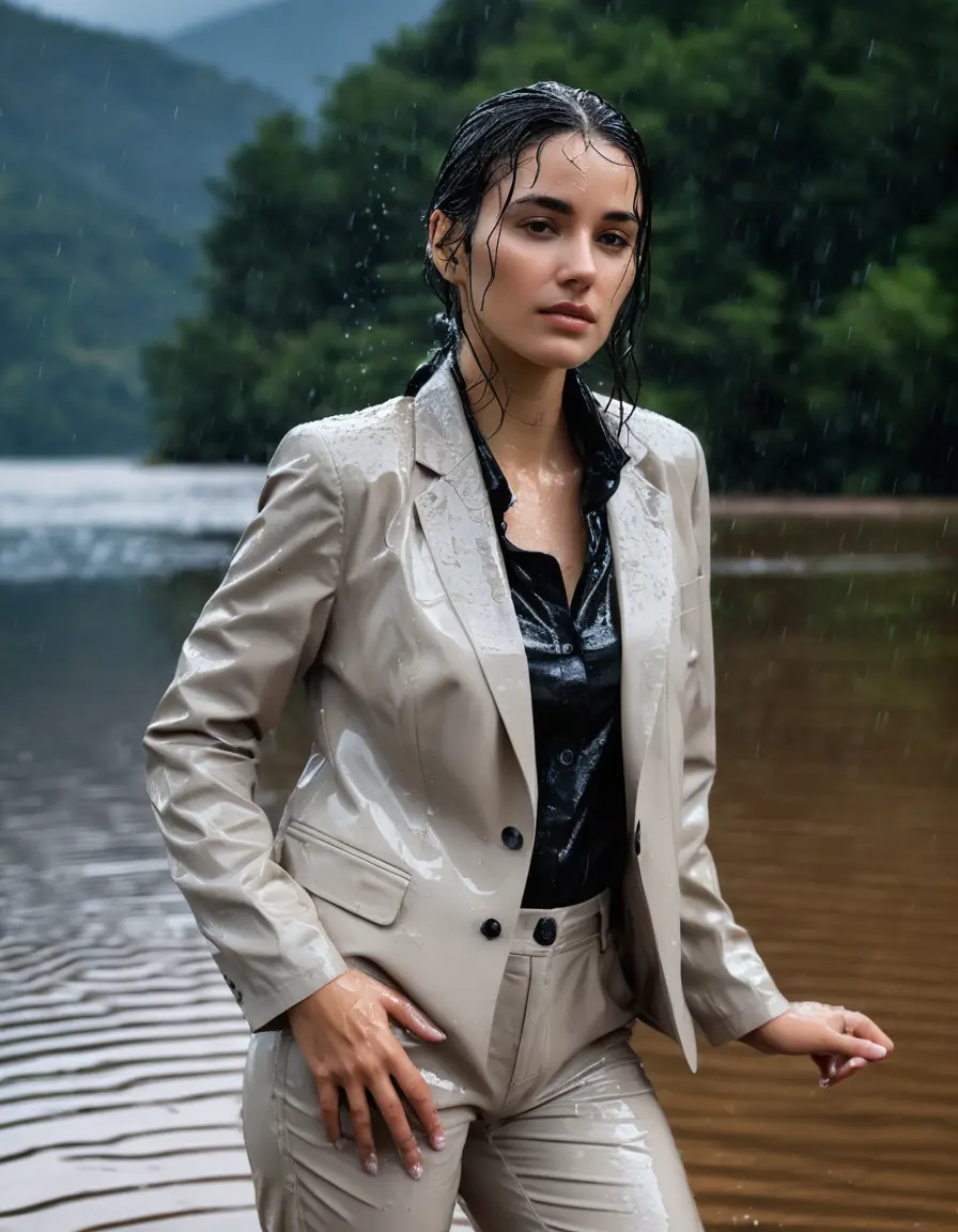 photo of young woman, in soaking wet, drenched clothes,
Beige Business Trouser, Beige Business Suit Jacket with black button down long sleeve business Shirt, Clear Mountain Lake with heavy rain, 
enjoying, wet clothes stuck to body,
detailed textures of the wet clothes, wet face, wet plastered hair,
wet, drenched, professional, high-quality details, full body view.
sharp focus, ultra-high pixel detail, realistic, high-quality, full colors, incredibly detailed, 4k, 8k, 16k, hyper-realistic, RAW photo, masterpiece, ultra-detailed, professionally color graded, professional photograph, young white Black haired woman, completely soaked, fully drenched, completely wet, wetlook, heavy rain, side parting, open hair, long hair, rain storm