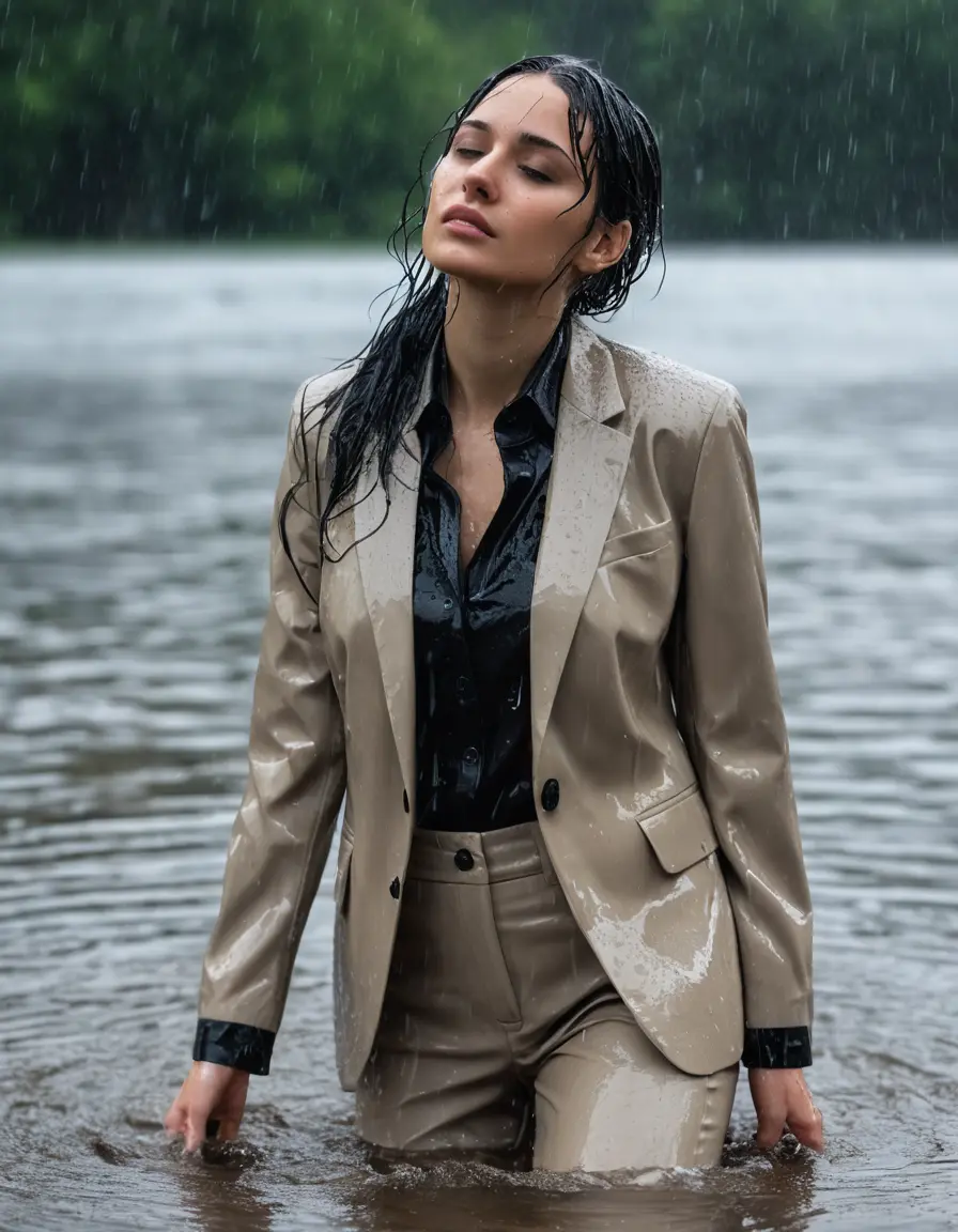 photo of young woman, in soaking wet, drenched clothes,
Beige Business Trouser, Beige Business Suit Jacket with black button down long sleeve business Shirt, Clear Mountain Lake with heavy rain, 
enjoying, wet clothes stuck to body,
detailed textures of the wet clothes, wet face, wet plastered hair,
wet, drenched, professional, high-quality details, full body view.
sharp focus, ultra-high pixel detail, realistic, high-quality, full colors, incredibly detailed, 4k, 8k, 16k, hyper-realistic, RAW photo, masterpiece, ultra-detailed, professionally color graded, professional photograph, young white Black haired woman, completely soaked, fully drenched, completely wet, wetlook, heavy rain, side parting, open hair, long hair, rain storm