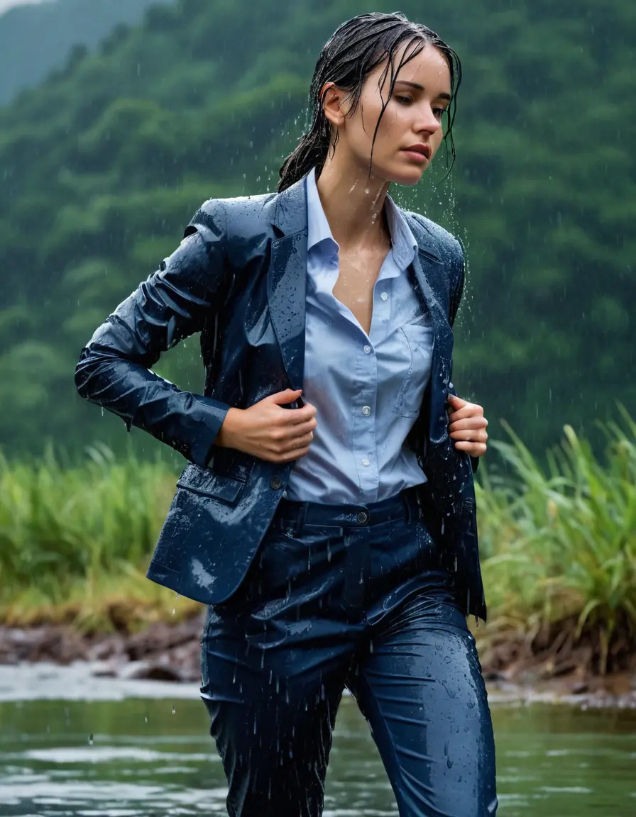 photo of young woman, in soaking wet, drenched clothes,
Dark Blue Business Trouser, Dark Blue Business Suit Jacket with light blue down long sleeve business Shirt, Clear Mountain Lake with heavy rain, 
enjoying, wet clothes stuck to body,
detailed textures of the wet clothes, wet face, wet plastered hair,
wet, drenched, professional, high-quality details, full body view.
sharp focus, ultra-high pixel detail, realistic, high-quality, full colors, incredibly detailed, 4k, 8k, 16k, hyper-realistic, RAW photo, masterpiece, ultra-detailed, professionally color graded, professional photograph, young white Black haired woman, completely soaked, fully drenched, completely wet, wetlook, heavy rain, side parting, open hair, long hair, rain storm