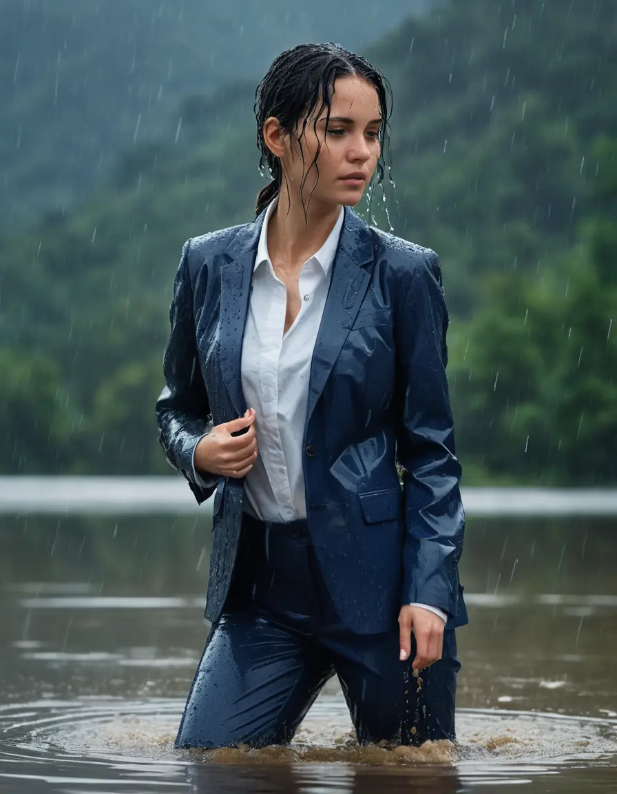 photo of young woman, in soaking wet, drenched clothes,
Dark Blue Business Trouser, Dark Blue Business Suit Jacket with light blue down long sleeve business Shirt, Clear Mountain Lake with heavy rain, 
enjoying, wet clothes stuck to body,
detailed textures of the wet clothes, wet face, wet plastered hair,
wet, drenched, professional, high-quality details, full body view.
sharp focus, ultra-high pixel detail, realistic, high-quality, full colors, incredibly detailed, 4k, 8k, 16k, hyper-realistic, RAW photo, masterpiece, ultra-detailed, professionally color graded, professional photograph, young white Black haired woman, completely soaked, fully drenched, completely wet, wetlook, heavy rain, side parting, open hair, long hair, rain storm