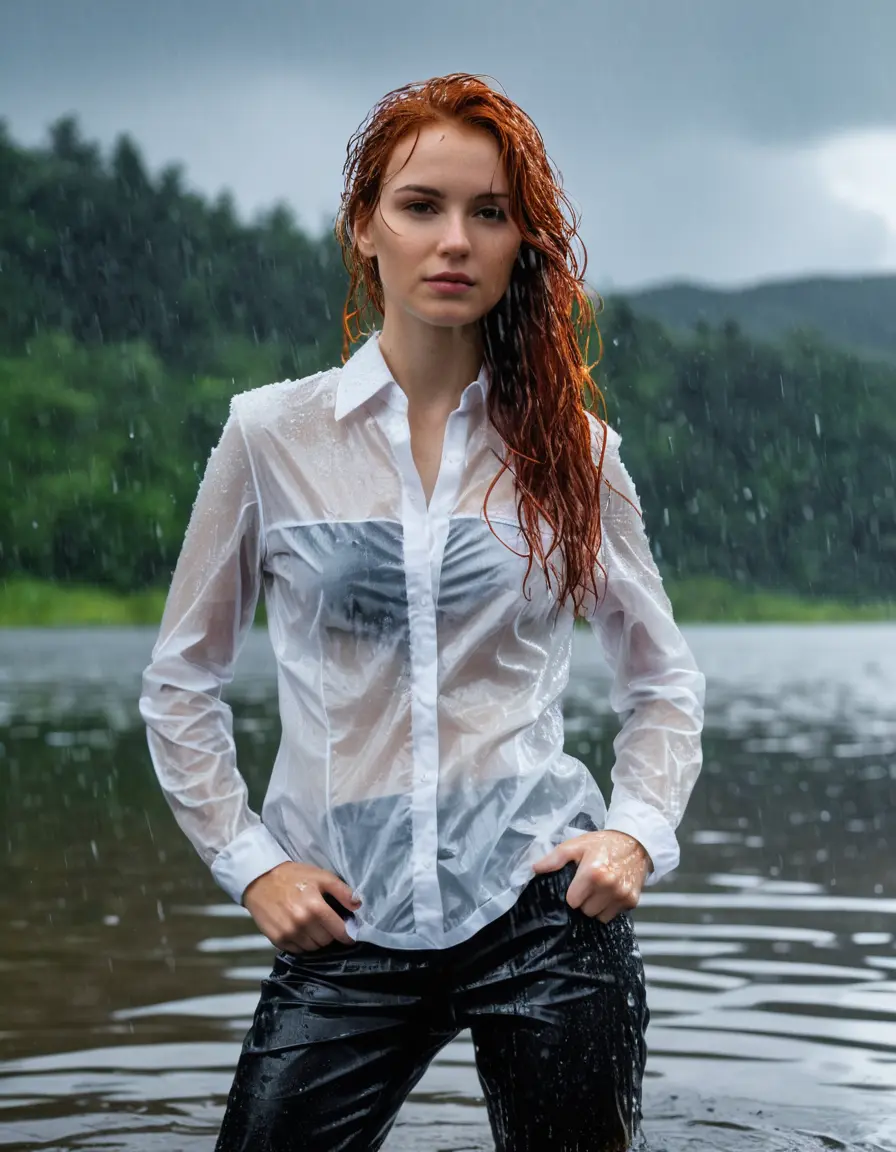 photo of young woman, in soaking wet, drenched clothes,
Black Business Trouser, Black Business Suit Jacket with white down long sleeve business Shirt, Clear Mountain Lake with heavy rain, 
enjoying, wet clothes stuck to body,
detailed textures of the wet clothes, wet face, wet plastered hair,
wet, drenched, professional, high-quality details, full body view.
sharp focus, ultra-high pixel detail, realistic, high-quality, full colors, incredibly detailed, 4k, 8k, 16k, hyper-realistic, RAW photo, masterpiece, ultra-detailed, professionally color graded, professional photograph, young white red haired beautiful woman, completely soaked, fully drenched, completely wet, wetlook, heavy rain, side parting, open hair, long hair, rain storm