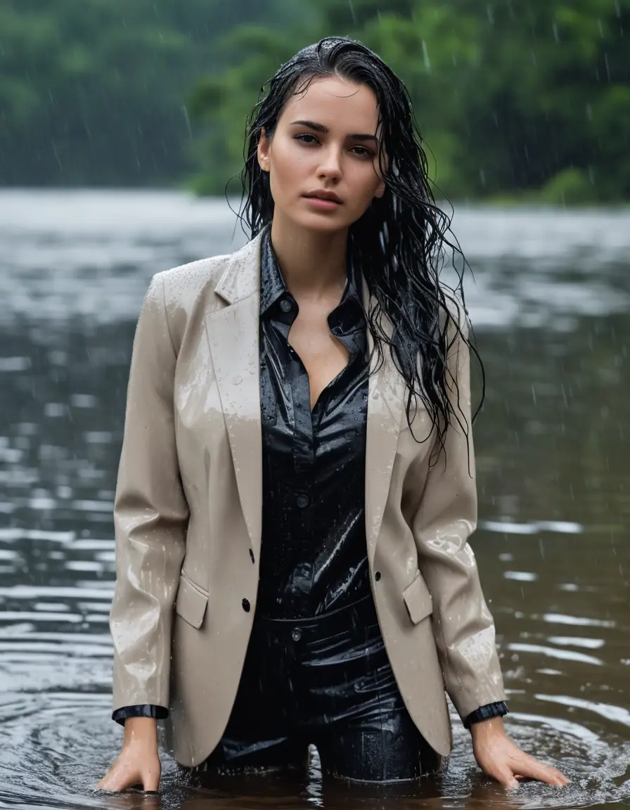 photo of young woman, in soaking wet, drenched clothes,
Beige Business Trouser, Beige Business Suit Jacket with black button down long sleeve business Shirt, Clear Mountain Lake with heavy rain, 
enjoying, wet clothes stuck to body,
detailed textures of the wet clothes, wet face, wet plastered hair,
wet, drenched, professional, high-quality details, full body view.
sharp focus, ultra-high pixel detail, realistic, high-quality, full colors, incredibly detailed, 4k, 8k, 16k, hyper-realistic, RAW photo, masterpiece, ultra-detailed, professionally color graded, professional photograph, young white Black haired woman, completely soaked, fully drenched, completely wet, wetlook, heavy rain, side parting, open hair, long hair, rain storm