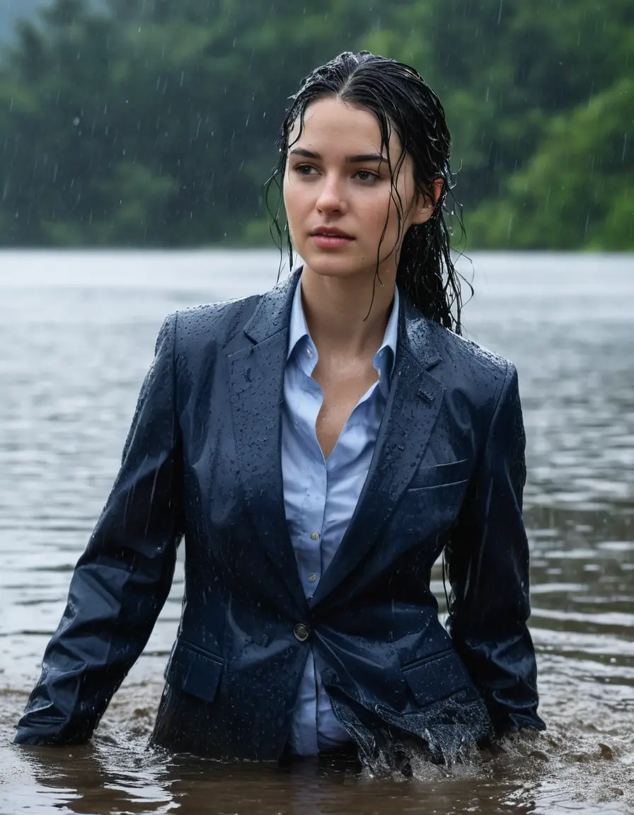 photo of young woman, in soaking wet, drenched clothes,
Dark Blue Business Trouser, Dark Blue Business Suit Jacket with light blue down long sleeve business Shirt, Clear Mountain Lake with heavy rain, 
enjoying, wet clothes stuck to body,
detailed textures of the wet clothes, wet face, wet plastered hair,
wet, drenched, professional, high-quality details, full body view.
sharp focus, ultra-high pixel detail, realistic, high-quality, full colors, incredibly detailed, 4k, 8k, 16k, hyper-realistic, RAW photo, masterpiece, ultra-detailed, professionally color graded, professional photograph, young white Black haired woman, completely soaked, fully drenched, completely wet, wetlook, heavy rain, side parting, open hair, long hair, rain storm