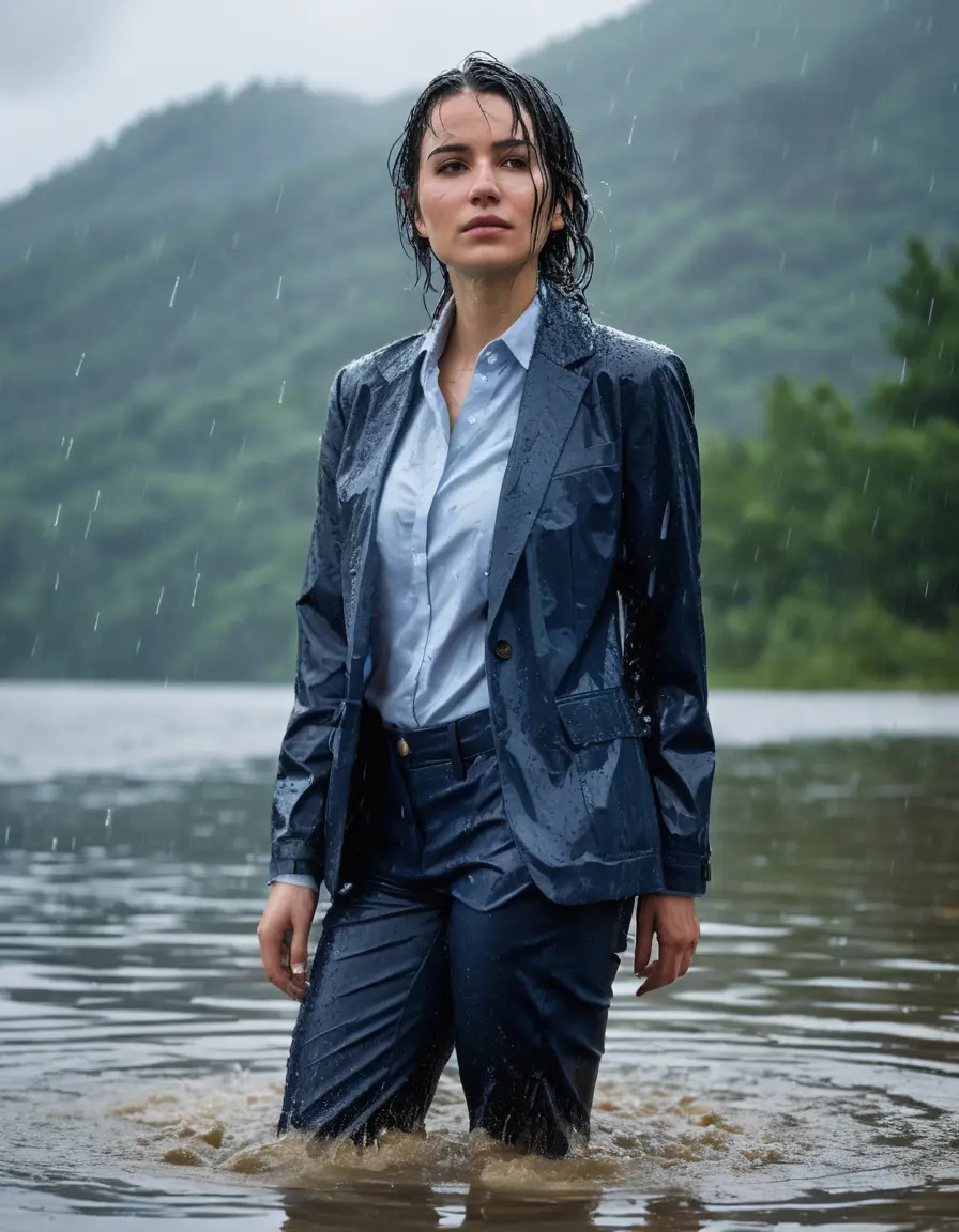 photo of young woman, in soaking wet, drenched clothes,
Dark Blue Business Trouser, Dark Blue Business Suit Jacket with light blue down long sleeve business Shirt, Clear Mountain Lake with heavy rain, 
enjoying, wet clothes stuck to body,
detailed textures of the wet clothes, wet face, wet plastered hair,
wet, drenched, professional, high-quality details, full body view.
sharp focus, ultra-high pixel detail, realistic, high-quality, full colors, incredibly detailed, 4k, 8k, 16k, hyper-realistic, RAW photo, masterpiece, ultra-detailed, professionally color graded, professional photograph, young white Black haired woman, completely soaked, fully drenched, completely wet, wetlook, heavy rain, side parting, open hair, long hair, rain storm